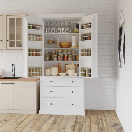 TOPMAX 77' Farmhouse Kitchen Pantry, Freestanding Tall Cupboard Storage Cabinet with 3 Adjustable Shelves, 8 Door Shelves, 3 Drawers for Kitchen, Dining Room, White (SP000047)