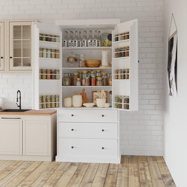 TOPMAX 77' Farmhouse Kitchen Pantry, Freestanding Tall Cupboard Storage Cabinet with 3 Adjustable Shelves, 8 Door Shelves, 3 Drawers for Kitchen, Dining Room, White (SP000047)