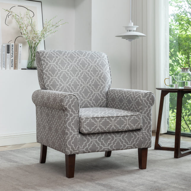 Traditional Rolled Arm Armchair, Solid Birch Wood Frame with Tapered Brown Legs, Polyester Blend Printed Cloth Upholstered Chair with Foam Filled Seat for Living Room Office