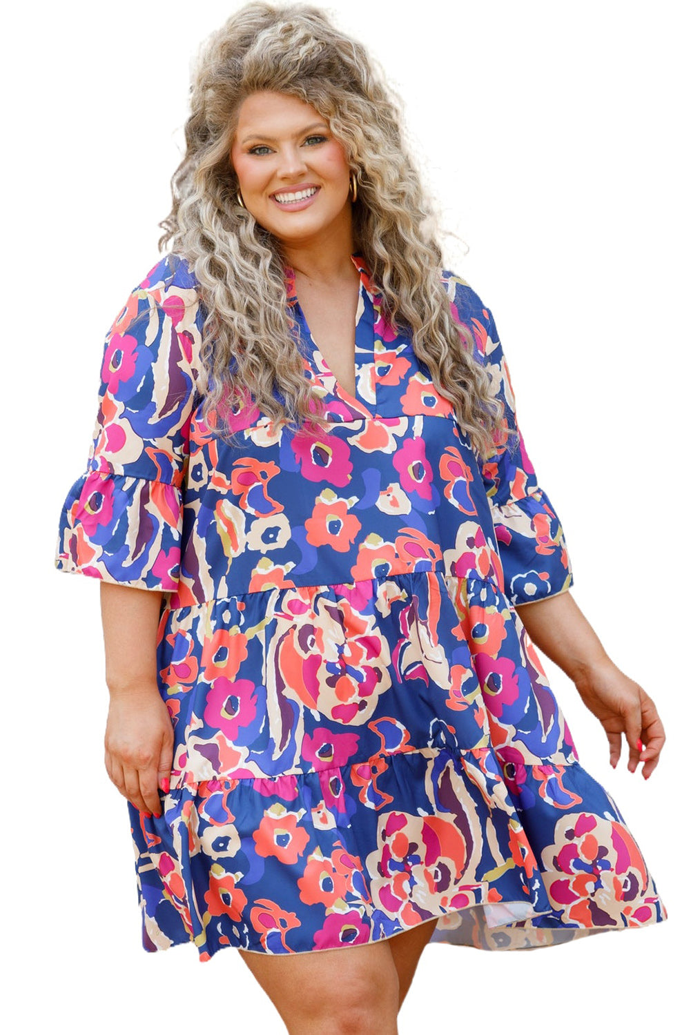 Blue Plus Size Floral Print Bell Sleeve Mini Dress - Eloy Royal