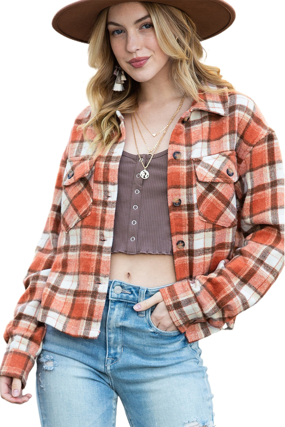 Wholesale Orange Plaid Button-Up Flap Pocket Cropped Jacket - Eloy Royal