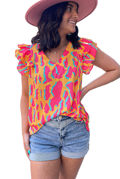 Orange Abstract Print V Neck Ruffled Sleeve Blouse - Eloy Royal