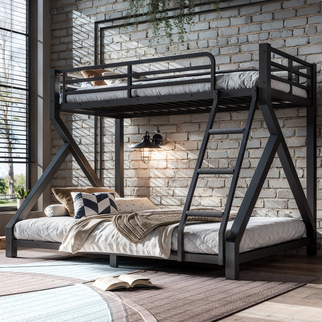 Twin over Full Bunk Bed with ladders, Metal Bunk Bed with Full Upgraded Support Slats, Low Profile Bunk Bed, Black