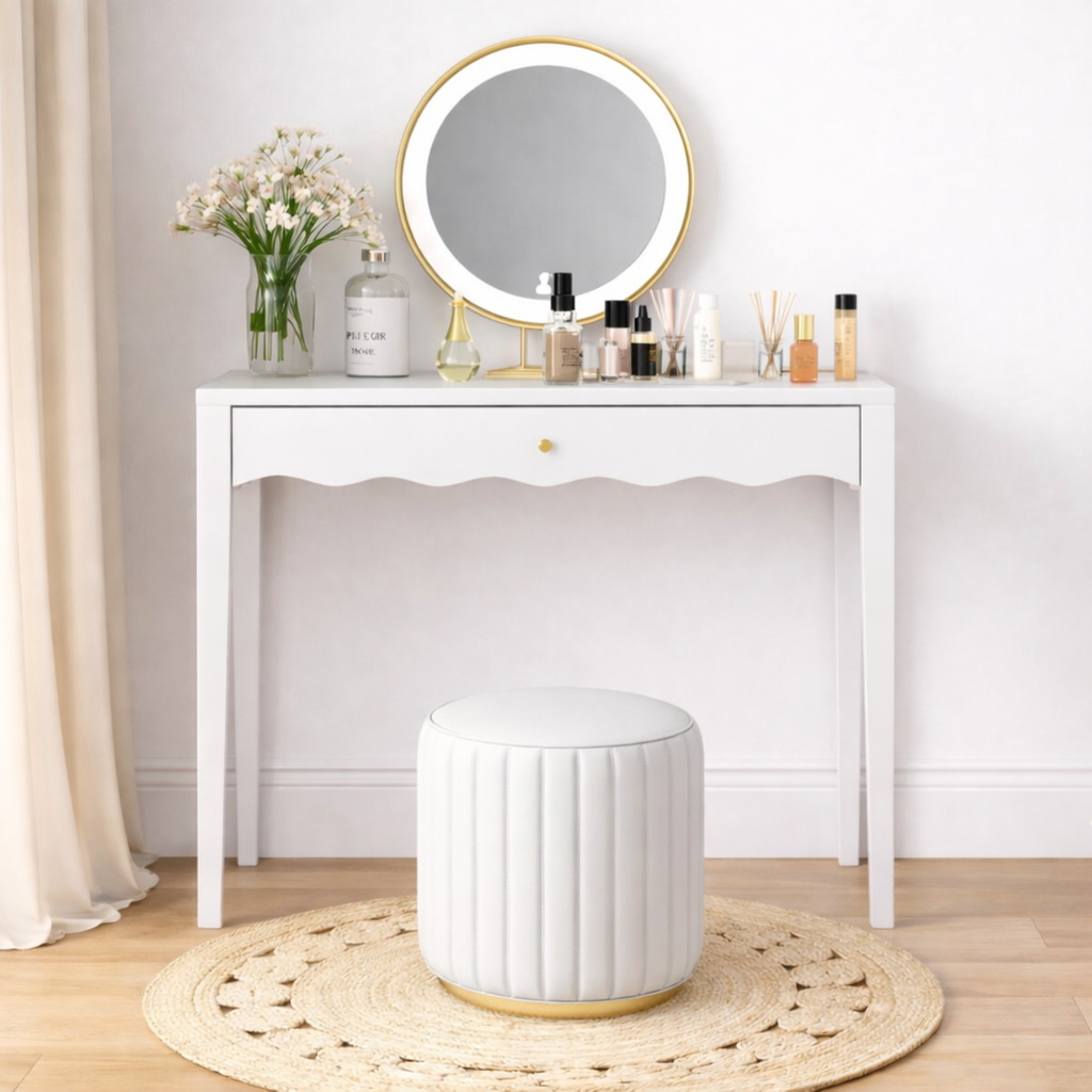 White 35.43' Vanity Desk with Drawer – Modern Makeup Table with Scalloped Front & Gold Knob, Compact Writing Desk with 4 Sturdy Legs for Bedroom, Small Home Office & Apartment Spaces