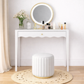 White 35.43' Vanity Desk with Drawer – Modern Makeup Table with Scalloped Front & Gold Knob, Compact Writing Desk with 4 Sturdy Legs for Bedroom, Small Home Office & Apartment Spaces