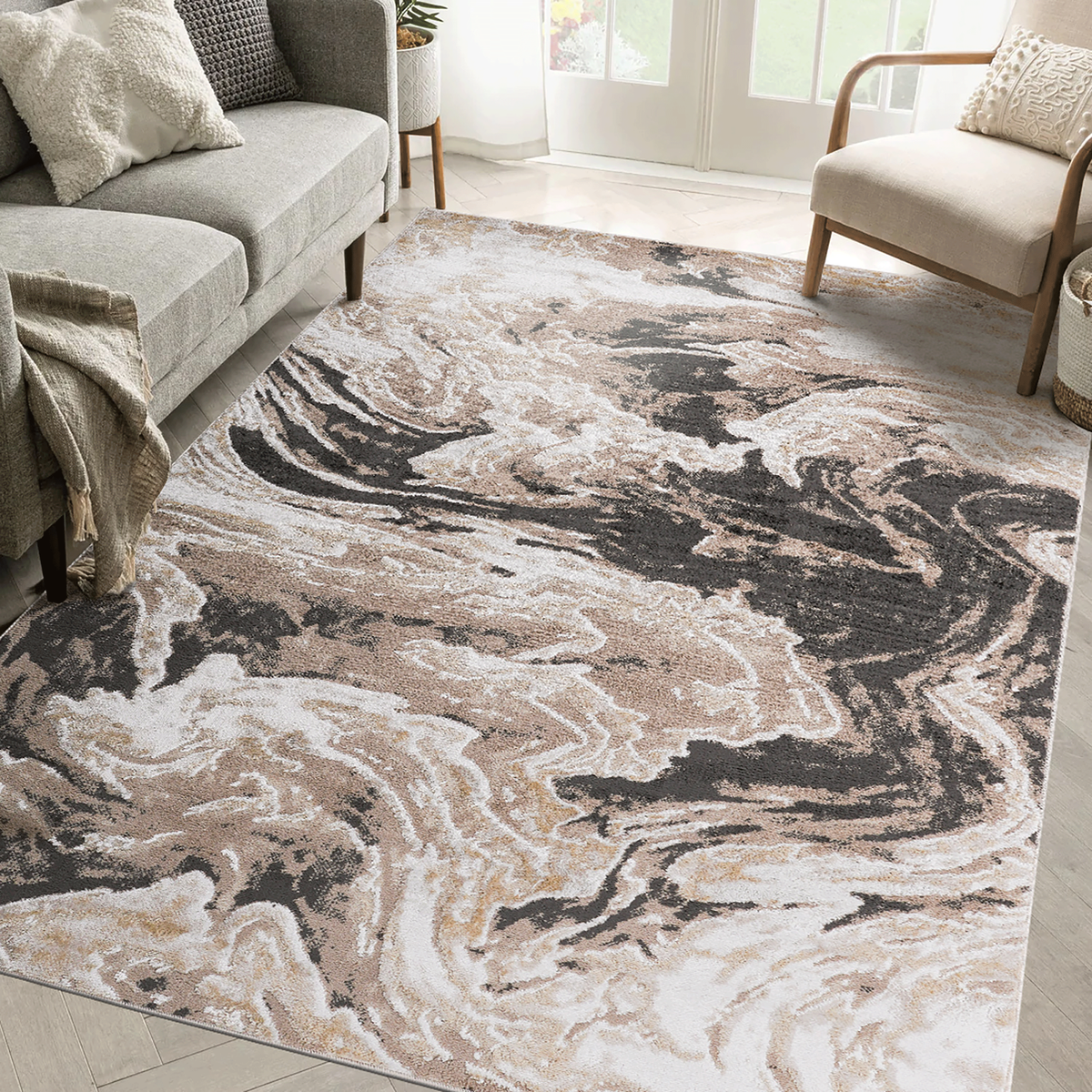 LOOM & LUXE Collection 8X10 L.Brown /Abstract Non-Shedding Living Room Bedroom Dining Home Office Stylish and Stain Resistant Area Rug