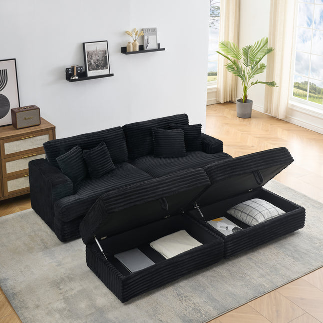 88.58 inch Black corduroy sofa with double storage legs + four pillows, as soft as a cloud, a stylish lazy sofa suitable for living room and office