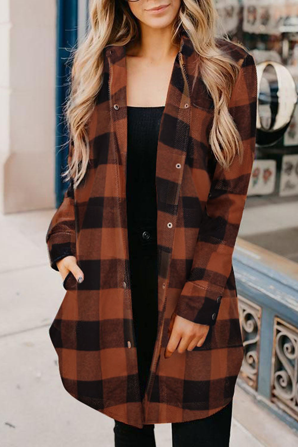 Wholesale Brown & Black Plaid Collared Botton Down Long Shirt Shacket - Eloy Royal