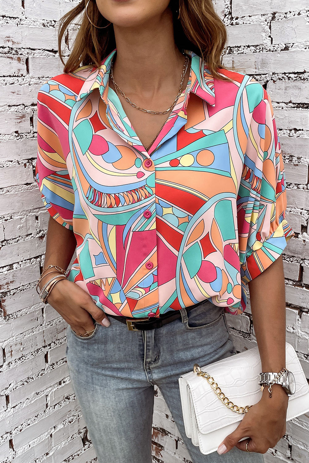 Multicolor Abstract Print Half Batwing Sleeve Loose Shirt - Eloy Royal