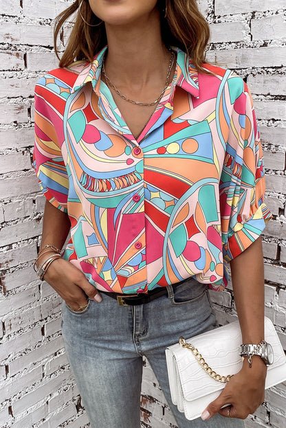 Multicolor Abstract Print Half Batwing Sleeve Loose Shirt - Eloy Royal