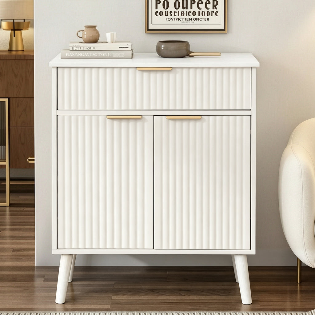 Kitchen Storage Cabinet, Adjustable Shelves , Storage with 1 Drawers and 2 Doors, Cabinet with Solid Wood Feet,Floor Sideboard Buffet for Living Room, Living Room, Kitchen, Entryway,(WHITE)