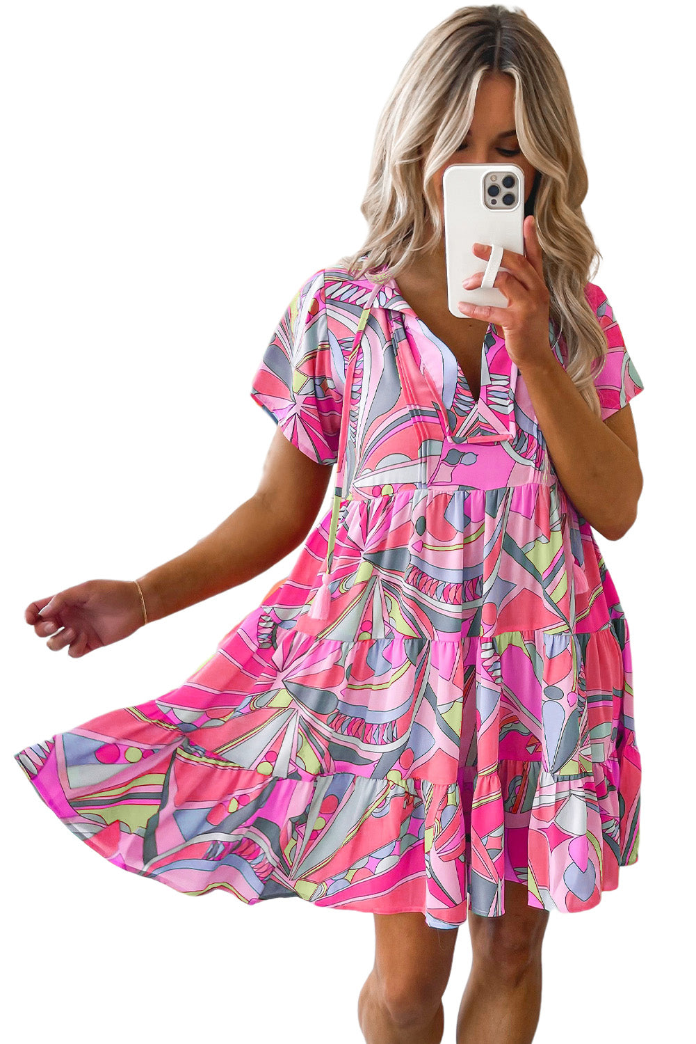 Multicolor Abstract Print Split V Neck Short Sleeve Tiered Dress - Eloy Royal