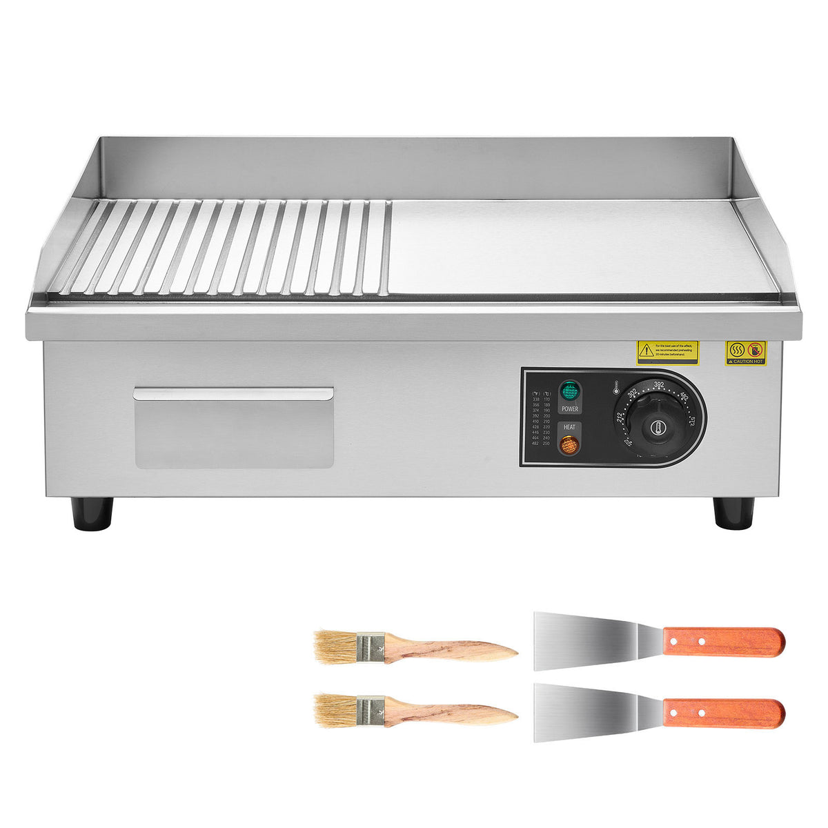 Commercial Electric Griddle, 21.06 x 11.81 inch, 1750W, 122-570°F Adjustable Temp Control, Stainless Steel Body, Half Grooved Half Flat, with 2 Spatulas, 2 Brushes, and 4 Foot Pads, for Steak
