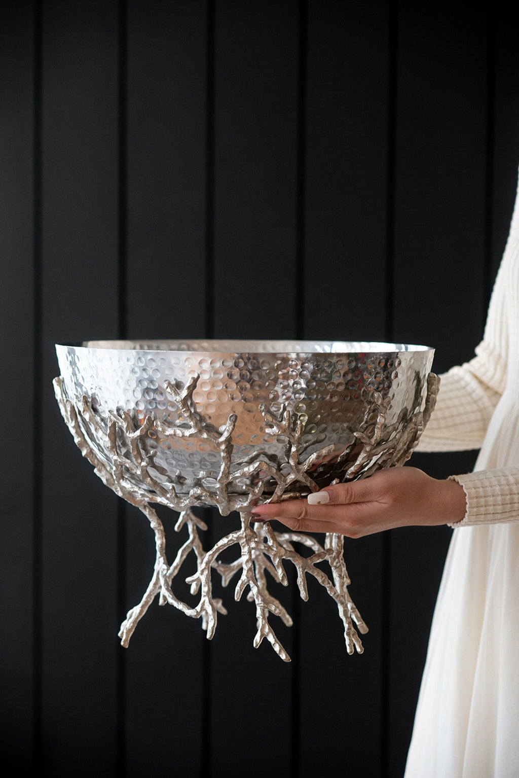 14.2x14.2x10.8' Silver Decorative Aluminum Bowl with Twig Stand