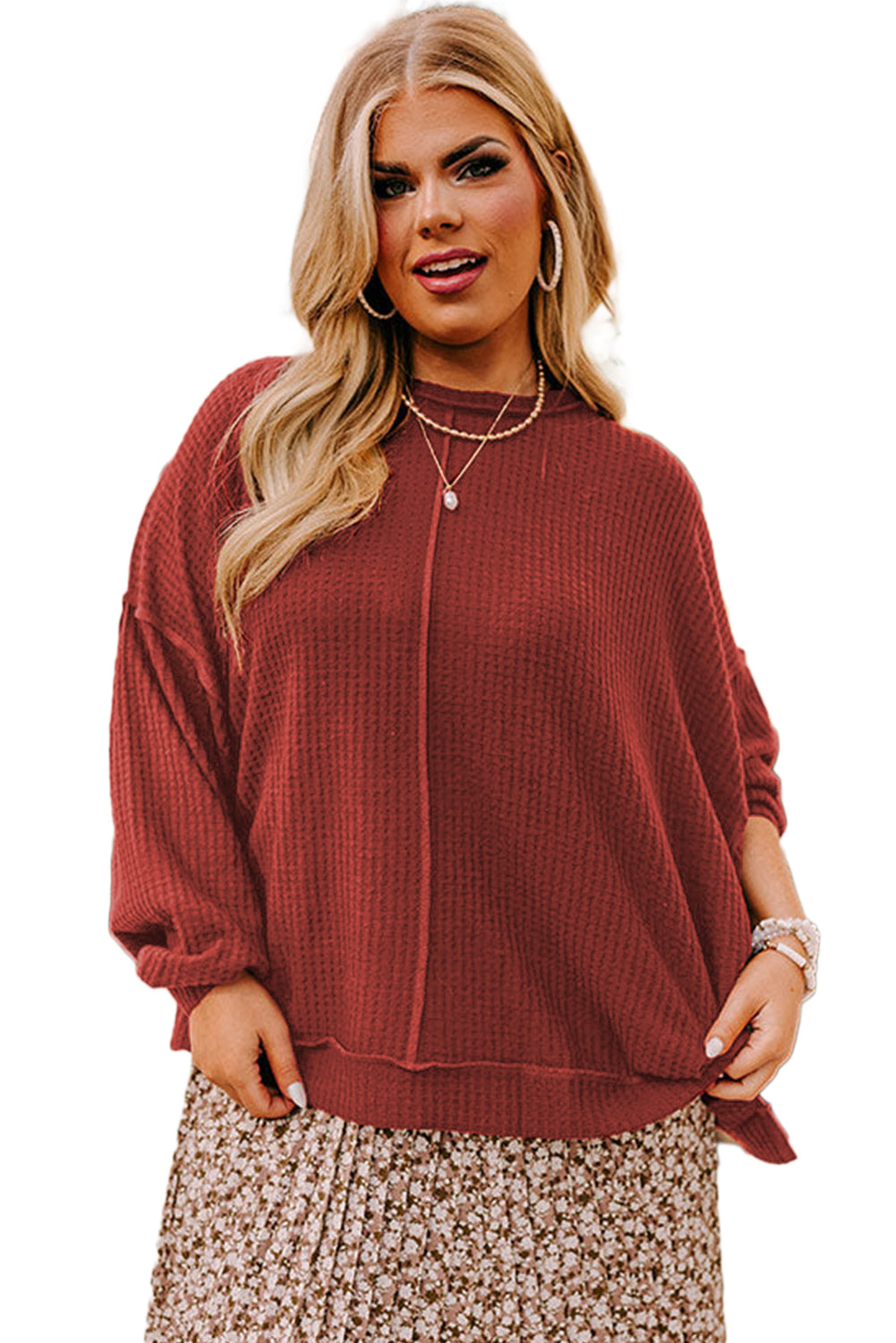 Gold Flame Exposed Seam Detail Waffle Knit Plus Size Top - Eloy Royal