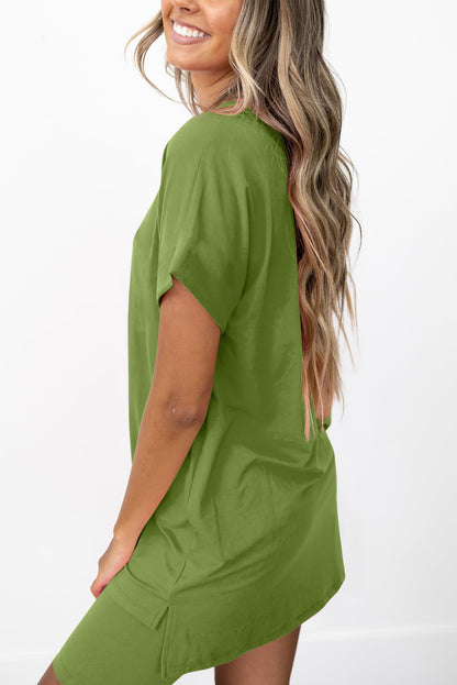 Spinach Green Solid Split Hem Tunic Tee and Tight Shorts Set - Eloy Royal