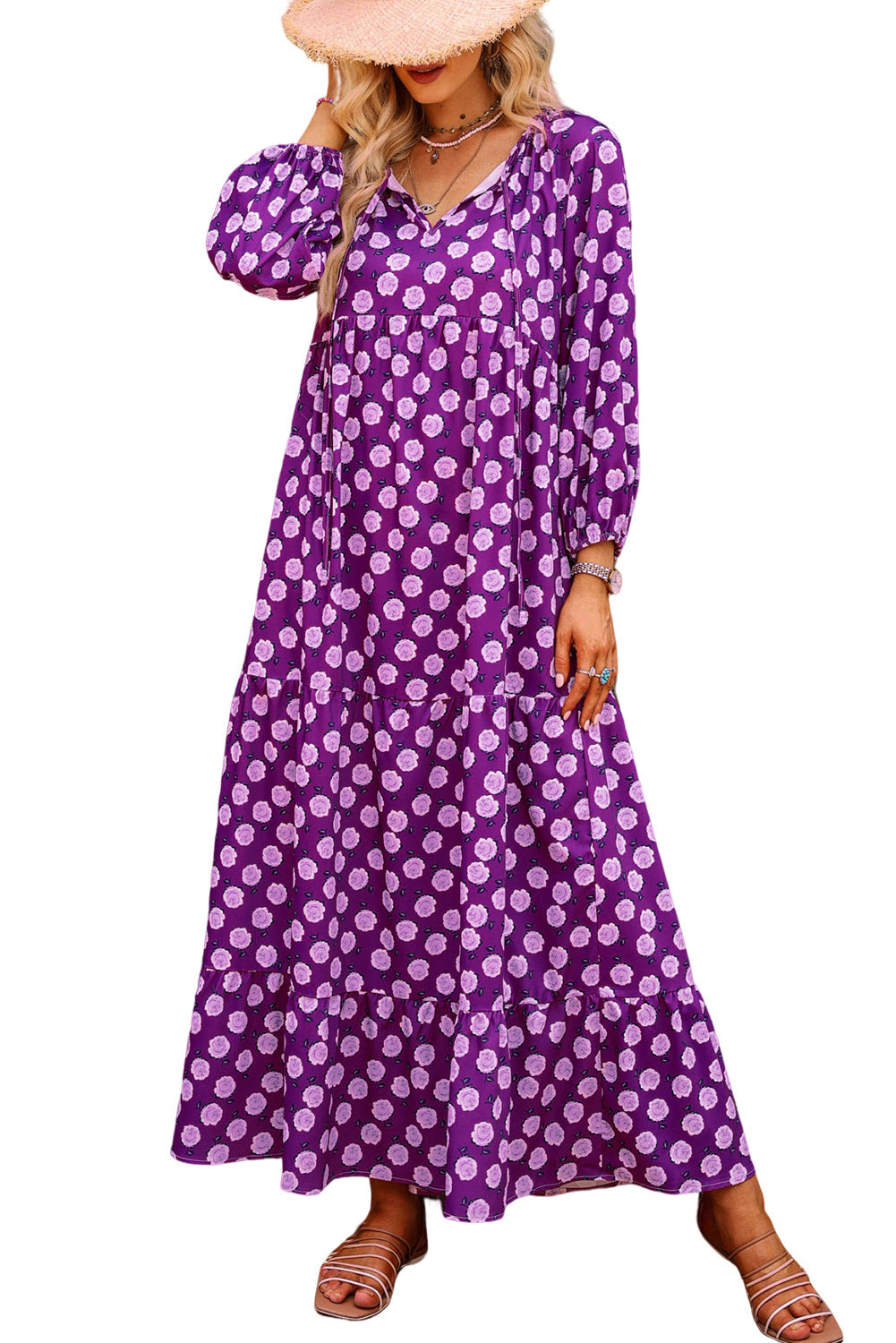 Purple Boho Printed V Neck Puff Sleeve Maxi Dress - Eloy Royal