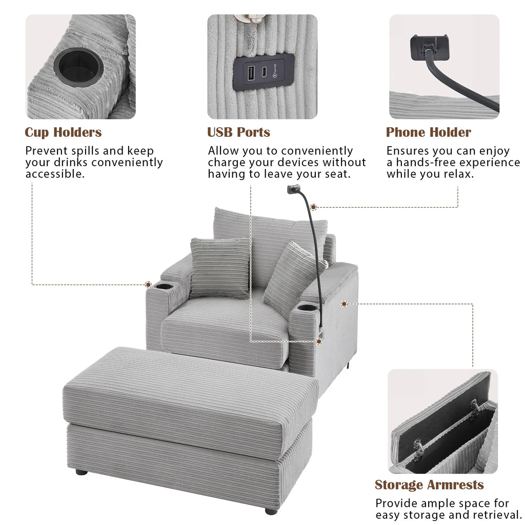 Modern Style Single Sofa Couch with Storage, USB Ports, Cup Holders, and Phone Holder, Grey Corduroy, 41.7' - Eloy Royal