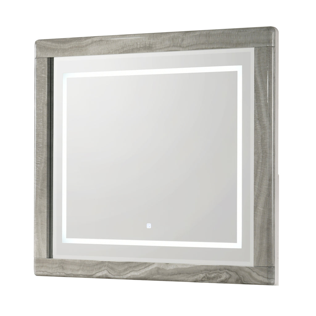 Jazz Modern LED Mirror with Touch Sensor Switch and Gray Marble-Grain Frame in White (Dresser Not Included)