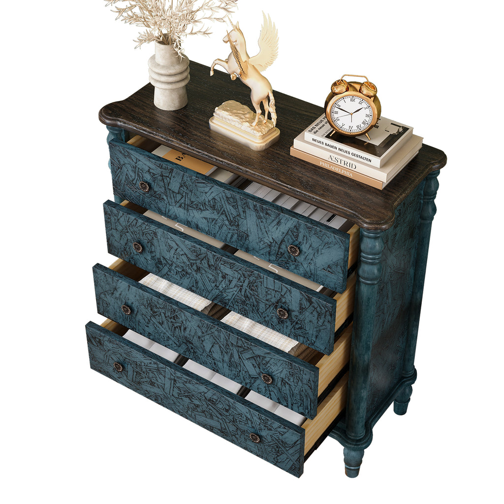 Farmhouse Chest of Drawers for Bedroom, 32'' Tall Dresser for Closet, Rustic Wood Dressers with 4 Solid Wood Feet for Bedroom, Hallway, Entryway, Navy Blue