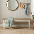 Prato Two-Tone Wood Upholstered Dining Bench, Antique White and Distressed Oak