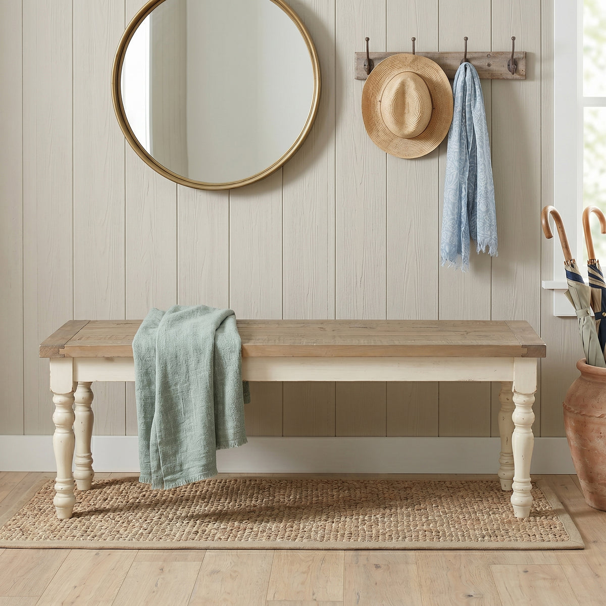 Prato Two-Tone Wood Upholstered Dining Bench, Antique White and Distressed Oak