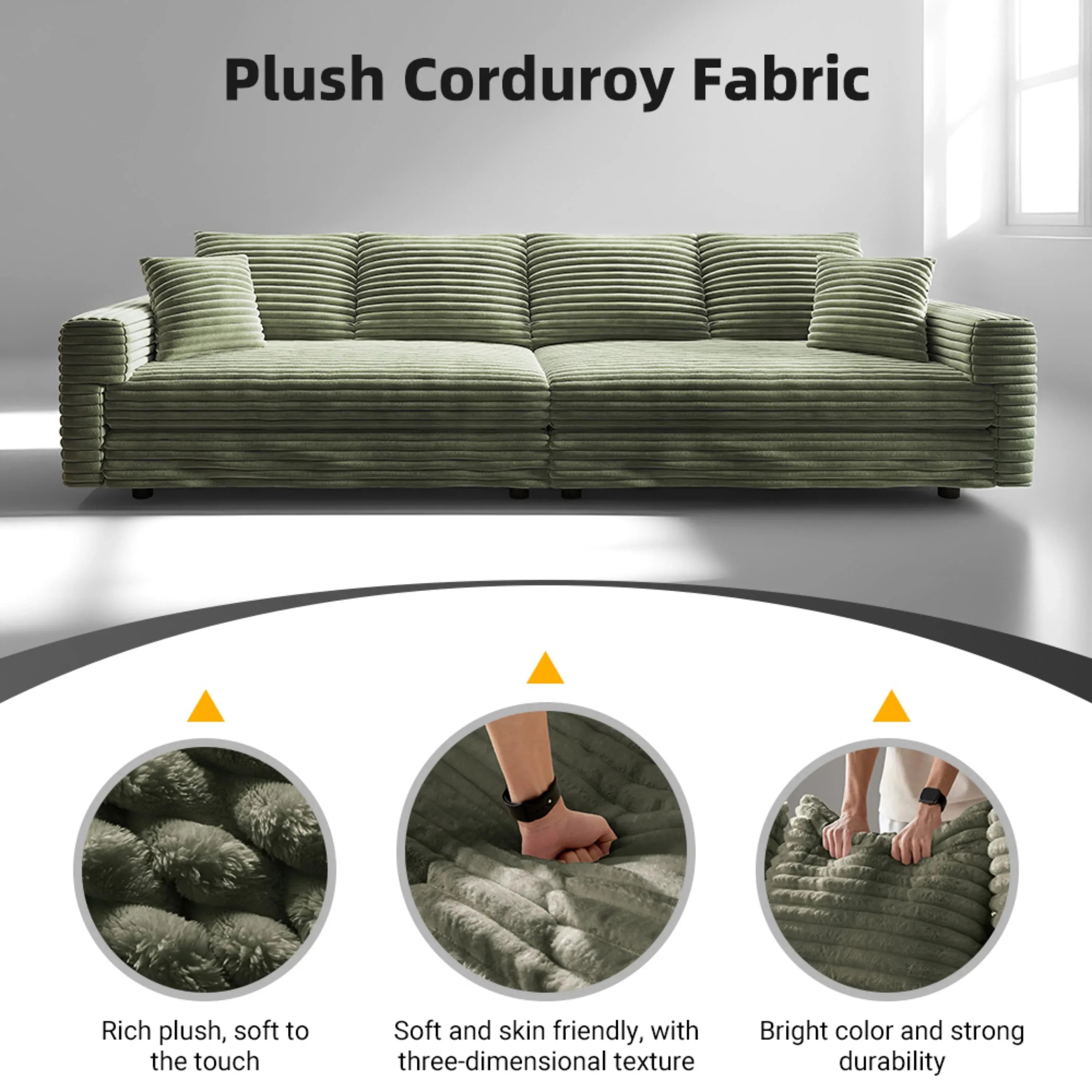 102.4 'Plush Corduroy 4-Seat Sofa,Modern Comfy Upholstered Sofa Cloud Couch,Deep Seat Couches with Soft Pillows and 2 Ottomans,Convertible Sofa Lounge Chair, Green - Eloy Royal