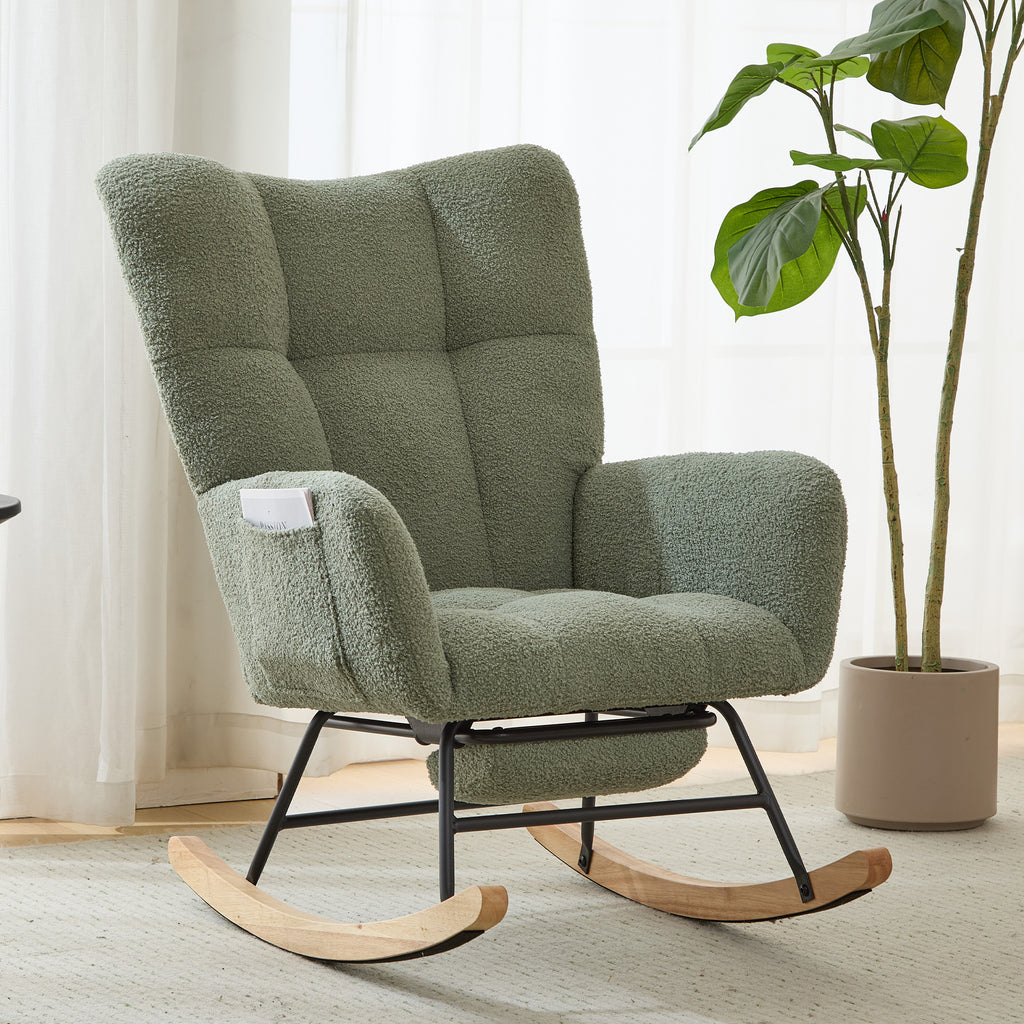 Teddy Fabric Wingback Glider Rocker & Ottoman Set, Nursery Nursing Rocking Chair with Side Storage Pocket, Smooth Gliding Motion, Safe Solid Wood Base, Comfy Accent Chair for Living Room,Green.