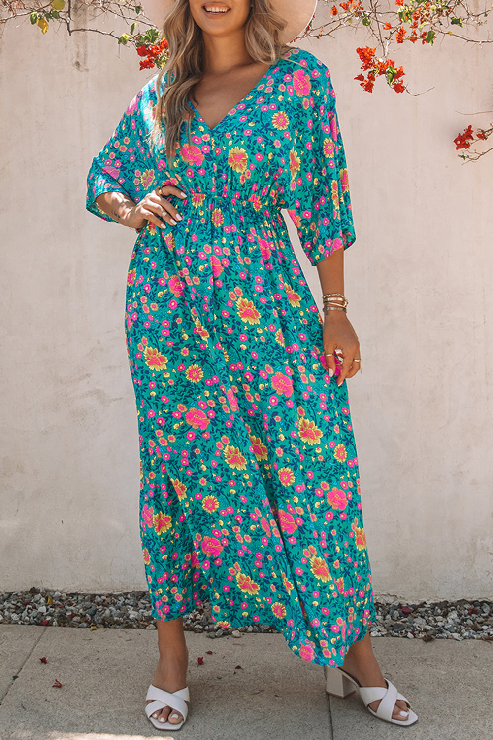 Floral Print Deep V Neck Flutter Sleeve Boho Maxi Dress - Eloy Royal