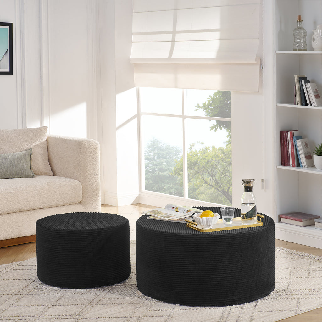 Set of 2 Cylindrical Upholstered Pouf Stools, Round Decorative Floor Ottoman,Cylindrical Decorative Ottoman Footrest for Living Room Bedroom Lounge-Black