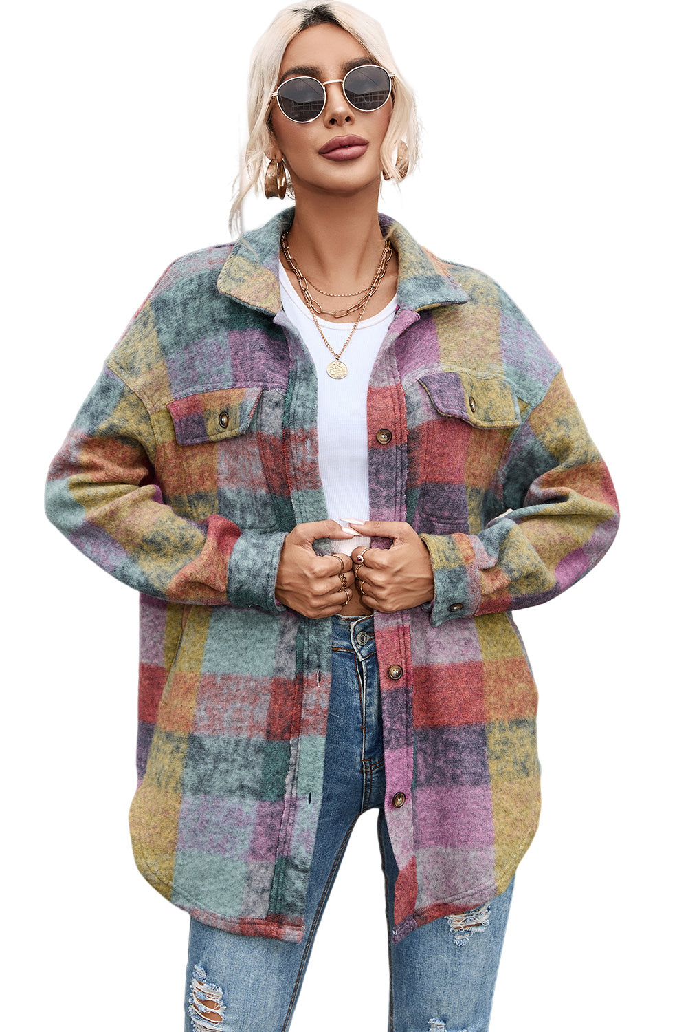 Multicolor Brushed Plaid Pocketed Oversize Shacket - Eloy Royal