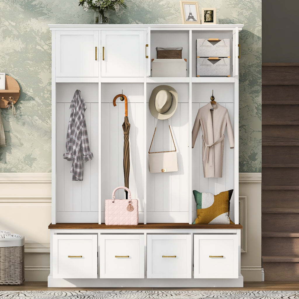 U-Can Farmhouse Entryway Hall Tree with Coat Hooks, Cabinets, and Drawers