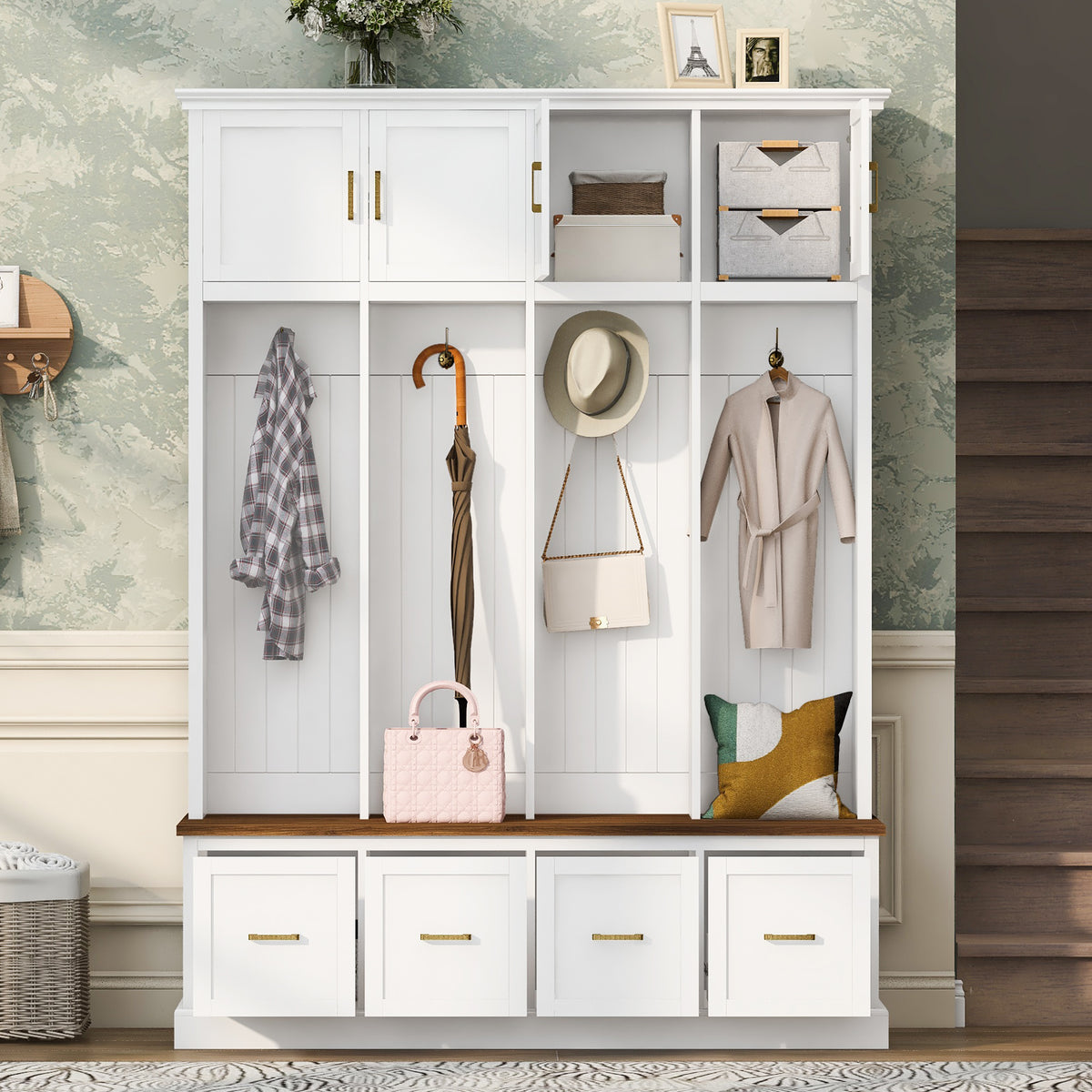 U-Can Farmhouse Entryway Hall Tree with Coat Hooks, Cabinets, and Drawers
