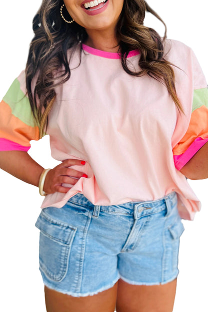 Pink Color Block Half Sleeve O Neck Plus Size T Shirt - Eloy Royal