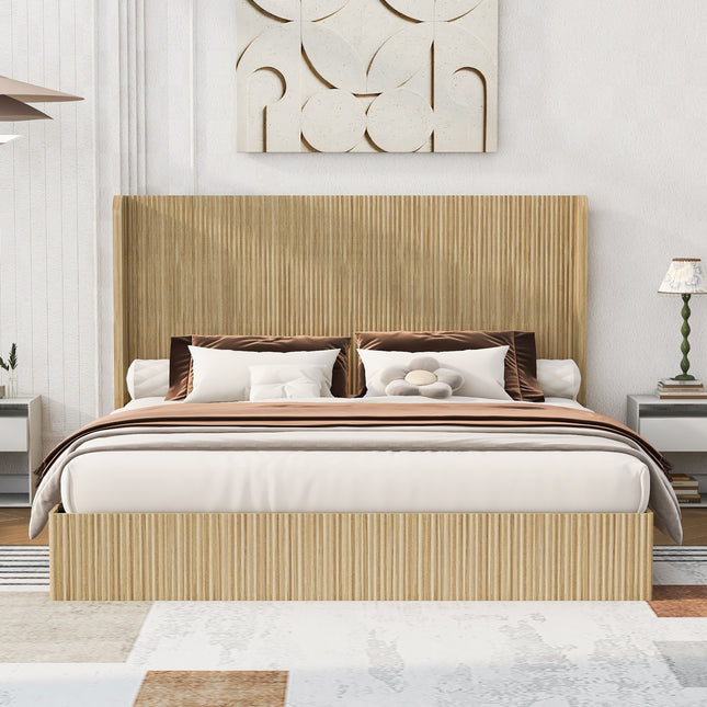 King Size Mid-Century Fluted Wood Bed Frame with Low Profile Platform Bed