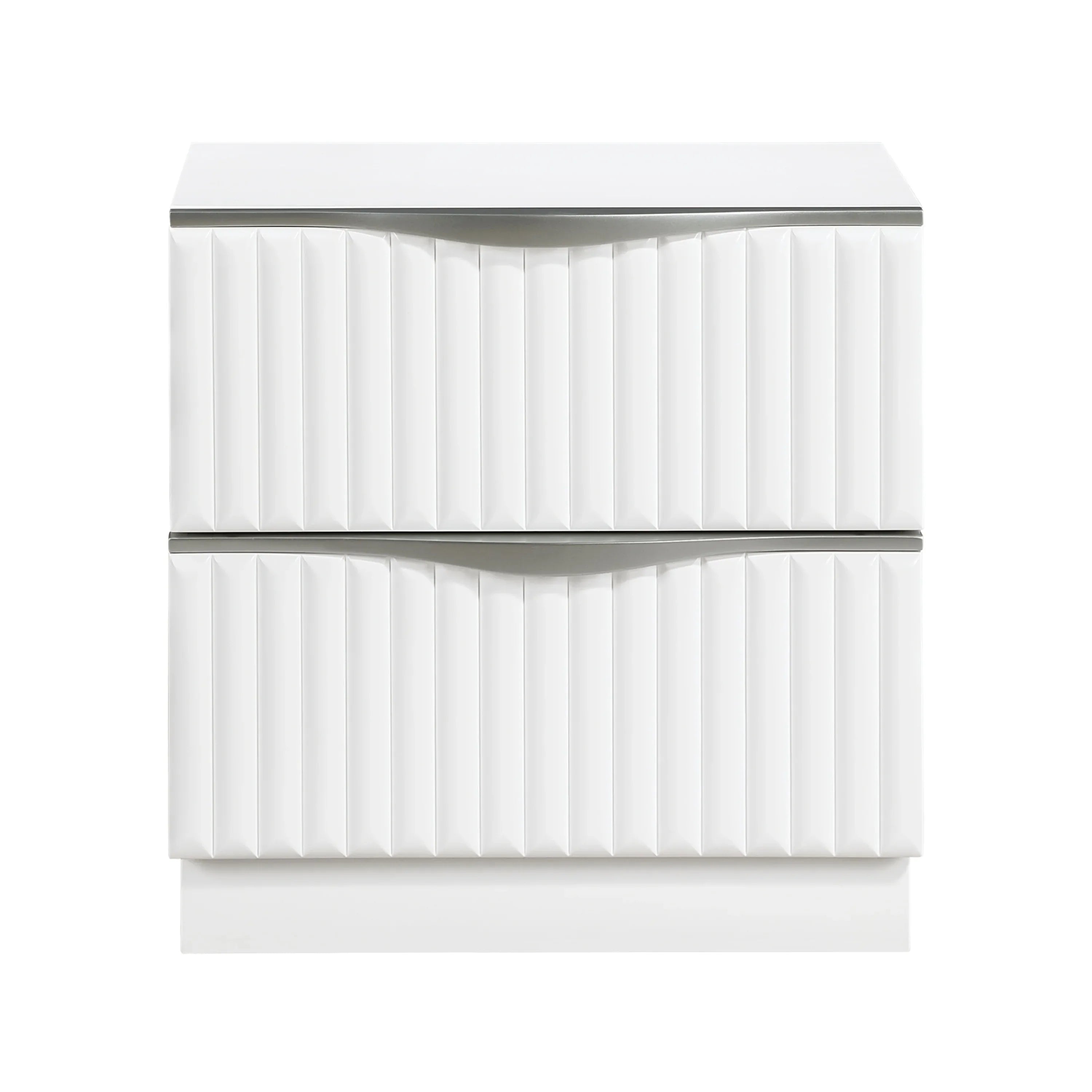 Luxurious Pearl White Finish Nightstand of Two Drawers Textured Panel Sleek Handles Glam Bedroom Furniture 1pc Bedside Cabinet - Eloy Royal