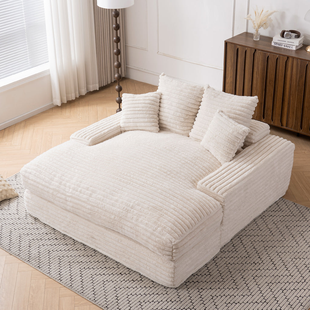 028DR-Oversized chaise Lounge chair, Upholstered Sleeper Sofa Bed with 4 Throw Pillows and Armrests, Corduroy Fabric Plush Lounge Chair Bed for Living Room, Apartment & Small Spaces, Beige