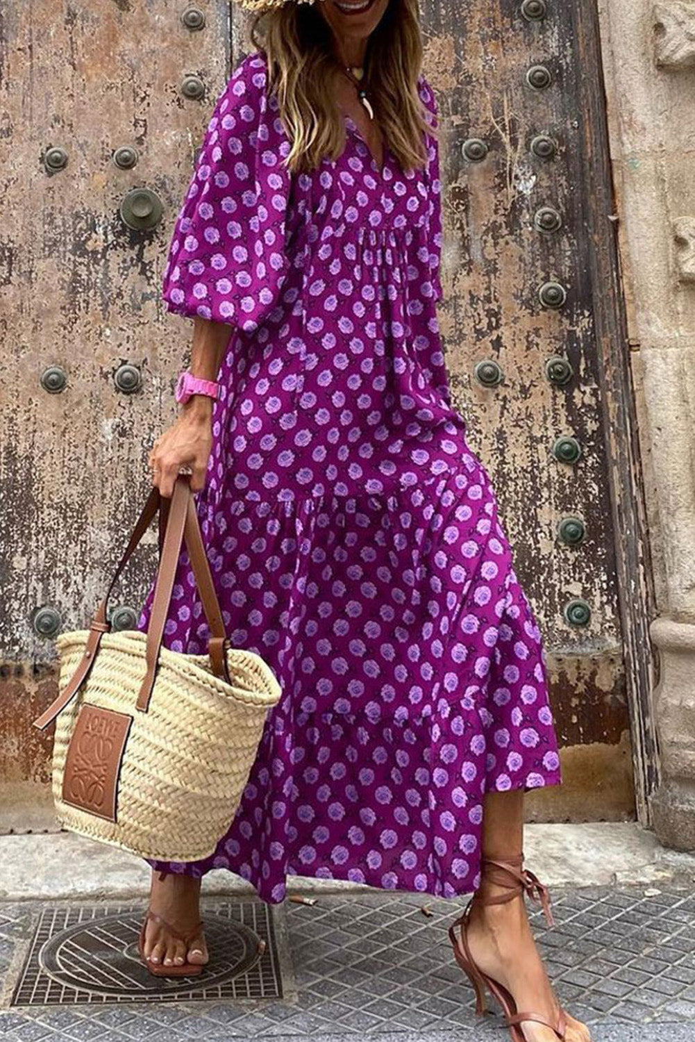 Purple Boho Printed V Neck Puff Sleeve Maxi Dress - Eloy Royal