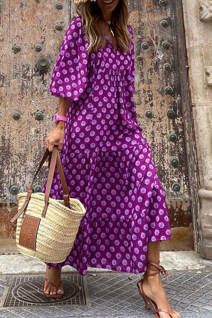 Purple Boho Printed V Neck Puff Sleeve Maxi Dress - Eloy Royal