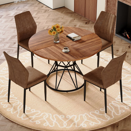 Table and Chair Set.A walnut MDF table with a diameter of 47.3 inches,black hourglass shaped metal brackets. Paired with 4 brown technology fabric dining chairs With Black Metal Legs.