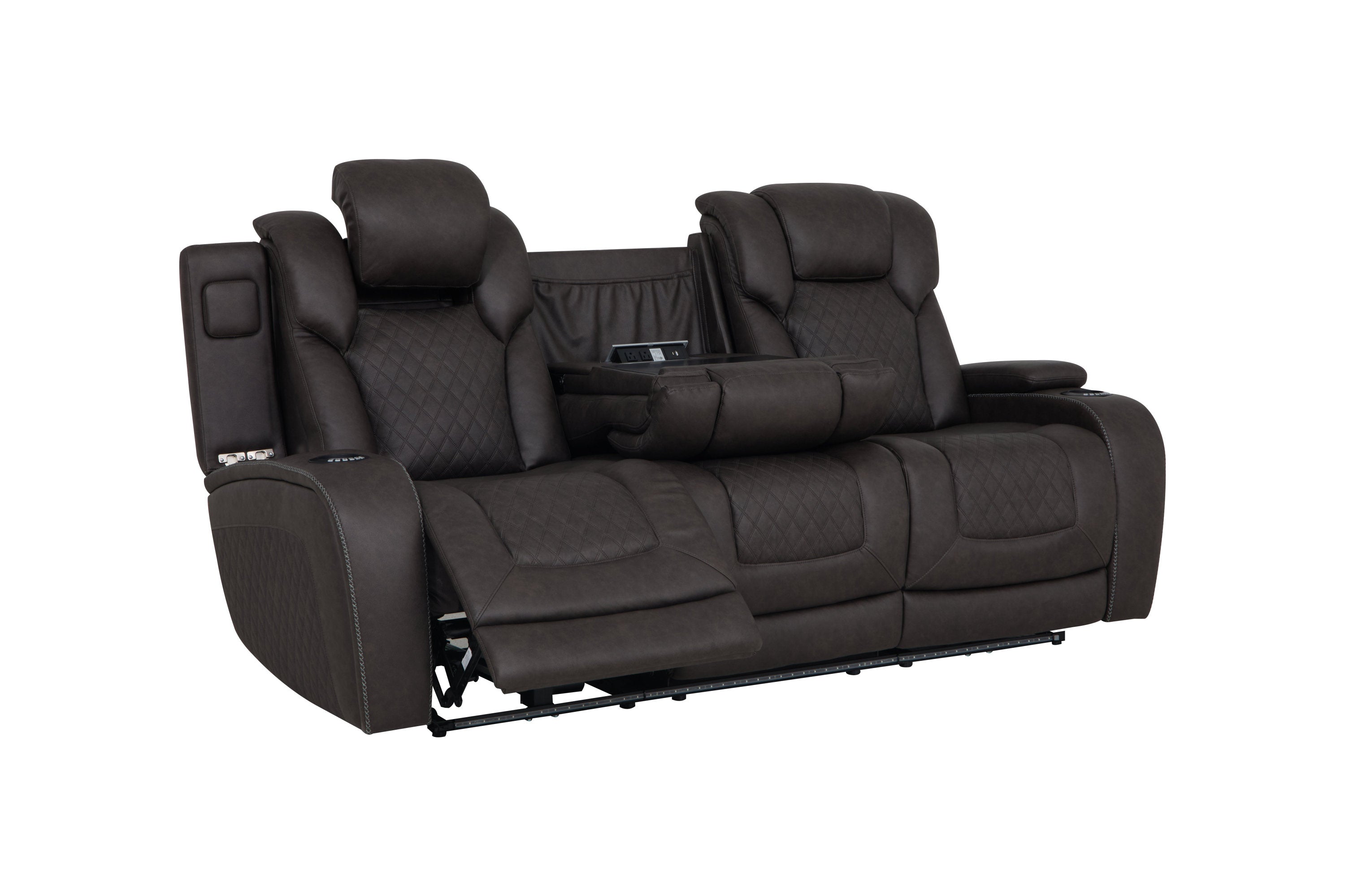 Wendell Dark Gray Microfiber Power Motion Sofa w/Dropdown Table, Storage, USB & LED