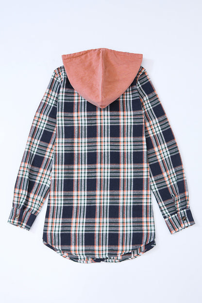 Wholesale Pink Plaid Contrast Hooded Drawstring Shacket - Eloy Royal