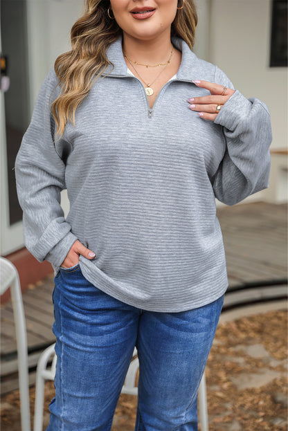 Light Plus Size Grey Quarter Zipper Collared Ribbed Knit Top - Eloy Royal