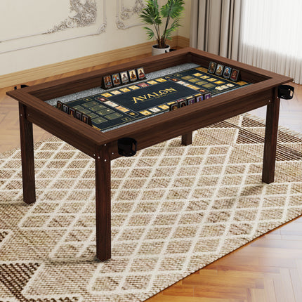 63' x 40' Board Game Table with Removable Table Top for 4–6 Players, Gaming and Dining Table with Solid Wood Legs, Non-Slip Play Mat, Rotating Cup Holders-Rustic Brown