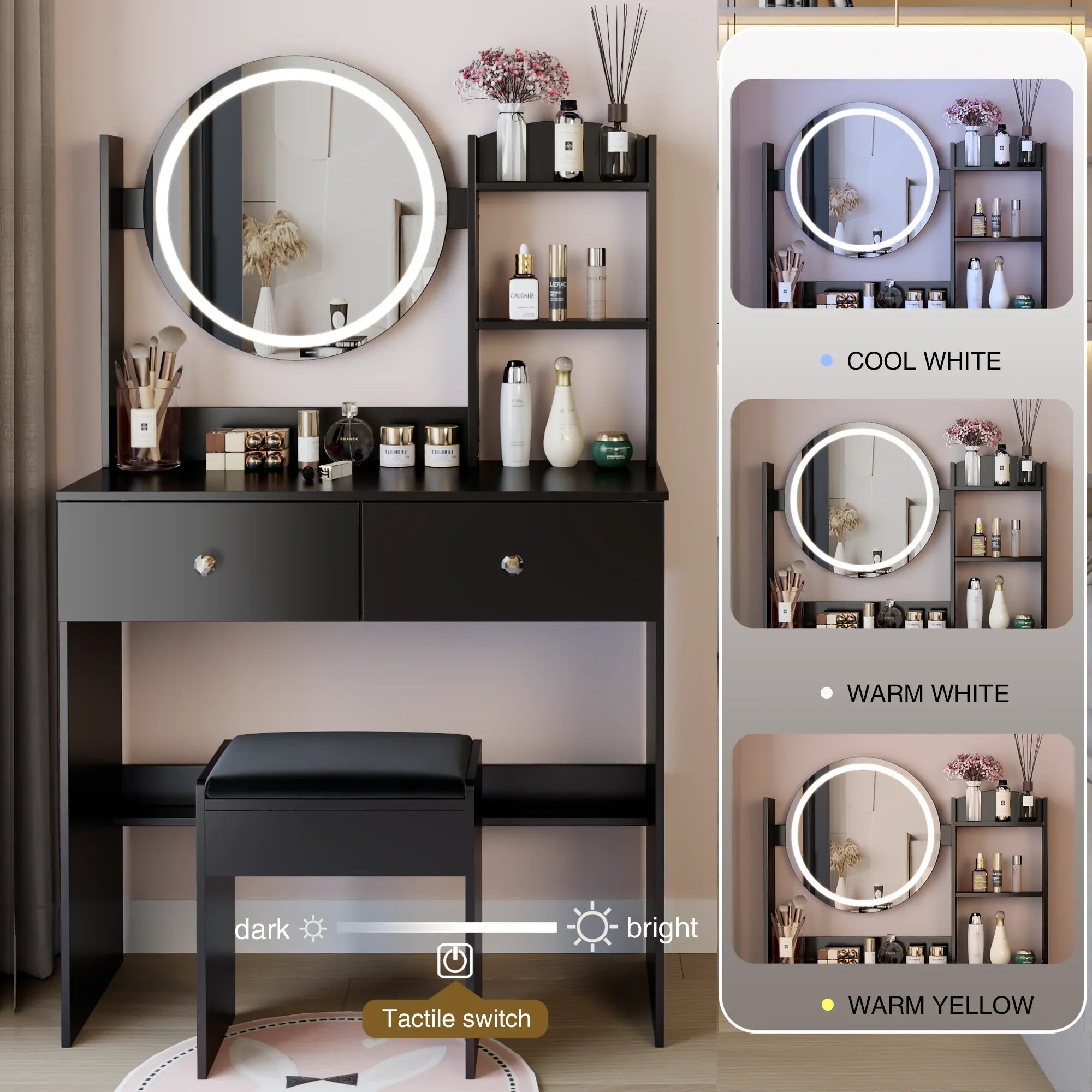 17' Round LED Mirror Vanity Table + Soft Cushion Stool Set, Large Mirror, Touch Switch, 3 colors, Adjustable Brightness, Large Desktop, Multi-layer High Capacity Storage, Suitable For Small Space - Eloy Royal