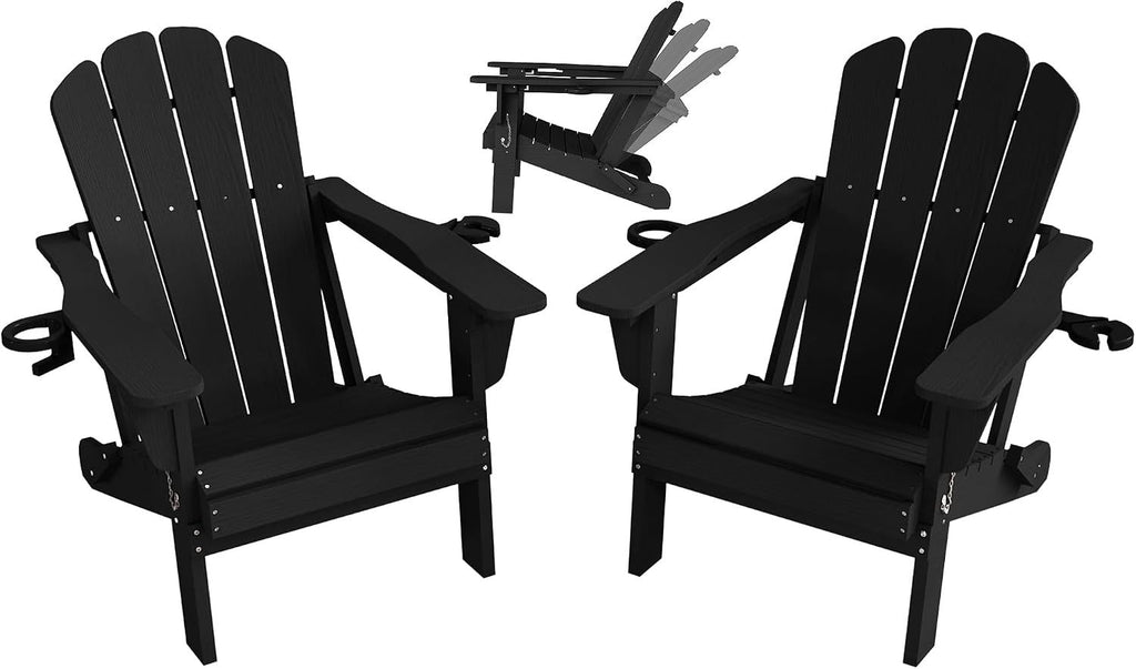 Adjustable HDPE Adirondack Chairs Set of 2, Black, 3-Position Reclining ,Foldable, Cup & Phone Holders, All-Weather Outdoor