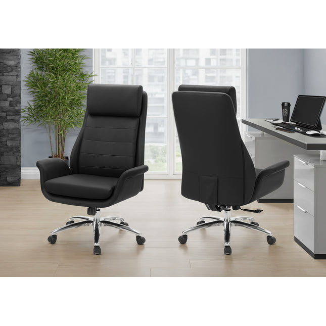 Office Chair, Adjustable Height, Armrests, Ergonomic, Swivel, Computer Desk, Work, Black Leather Look, Chrome Metal, Contemporary, Modern