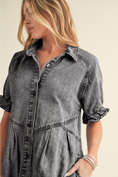 Blue Mineral Washed Ruffled Short Sleeve Pocketed Denim Dress - Eloy Royal