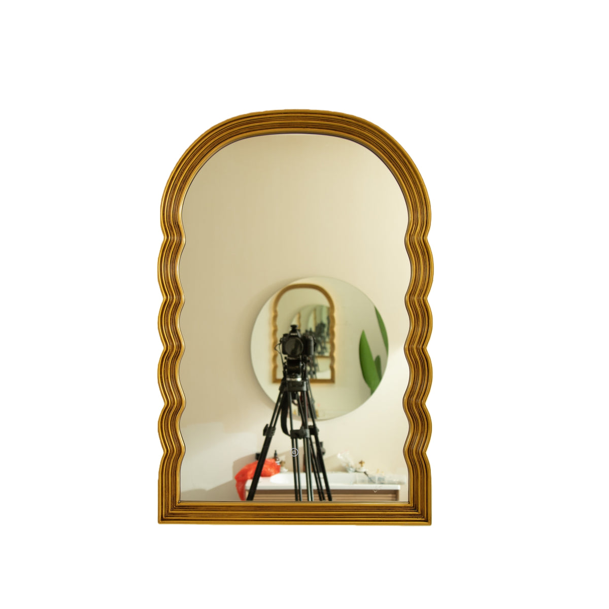 24'' Lumina Mirror, Golden Scalloped Sides Retro-style Arched PU Decorative Mirror, Three Color Temperatures are Available, Suitable for Bathroom, Bedroom, Living Room, Corridor, Entryway, etc.