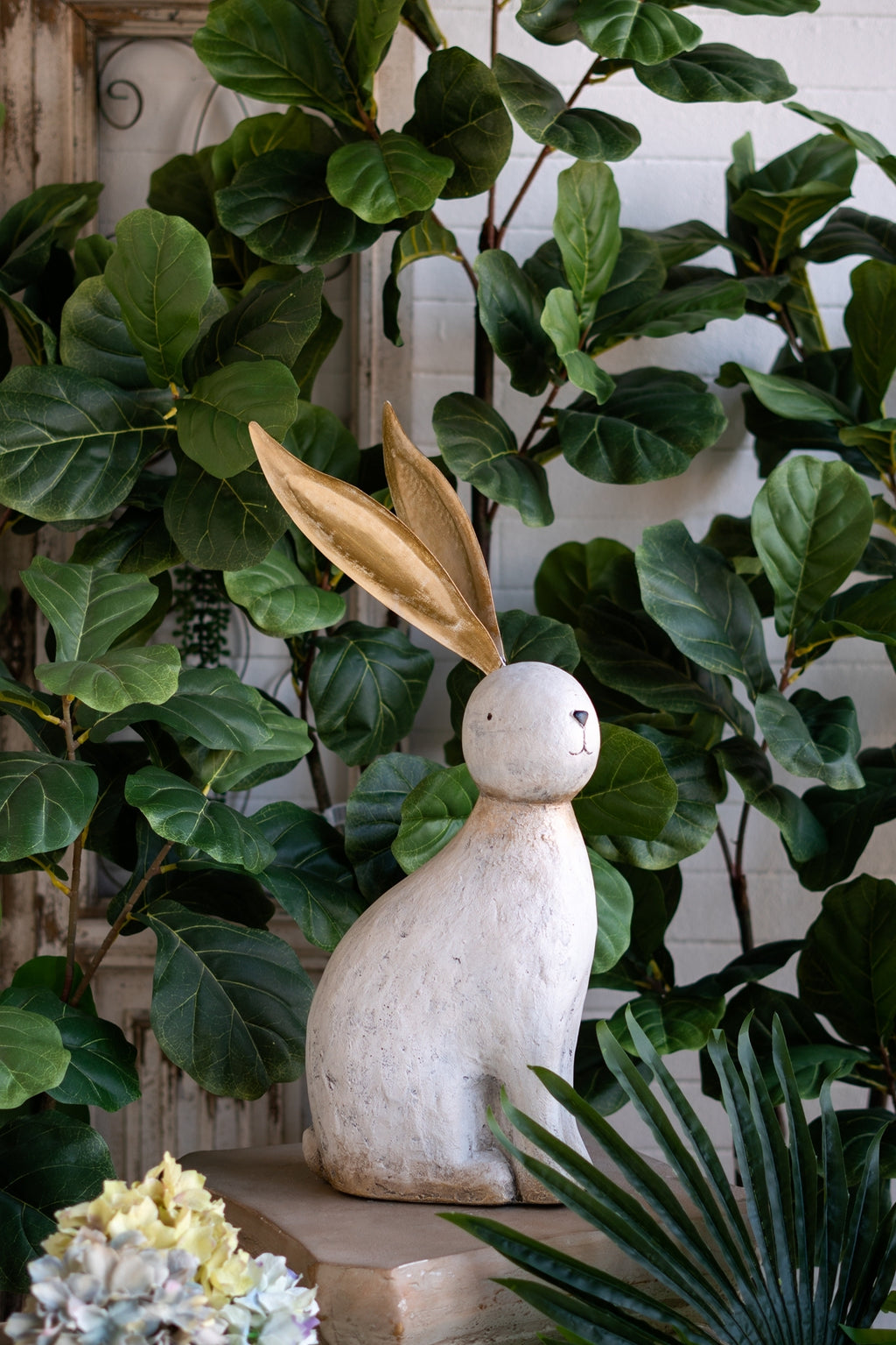 11x5.7x24.8' White Magnesium Rabbit Figurine with Gold Iron Ears